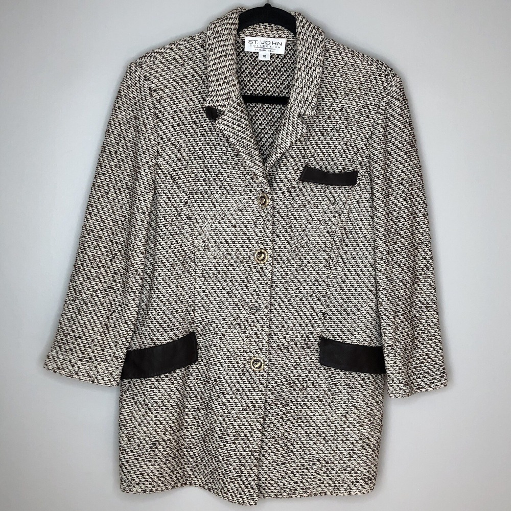 St. John Collection Women's 10 Beige Twill Gold Button Sport Coat Jacket Blazer